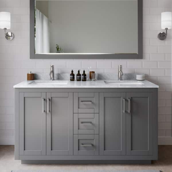 Wyndham Collection Miranda 60 in. W Double Bath Vanity in Dark Gray with Marble Vanity Top in White Carrara with White Basins