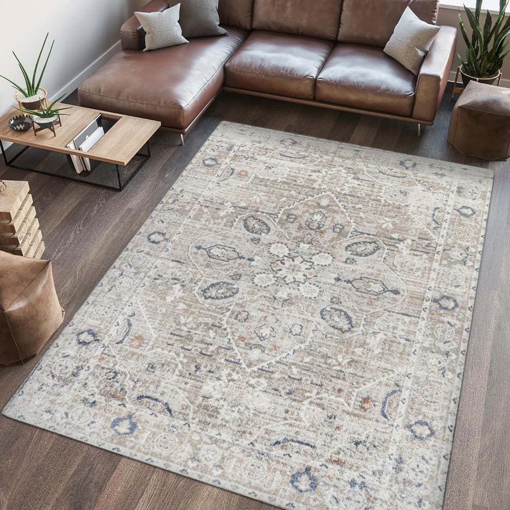 Light Gray and Brown Synthetic Medallion Washable Area Rug