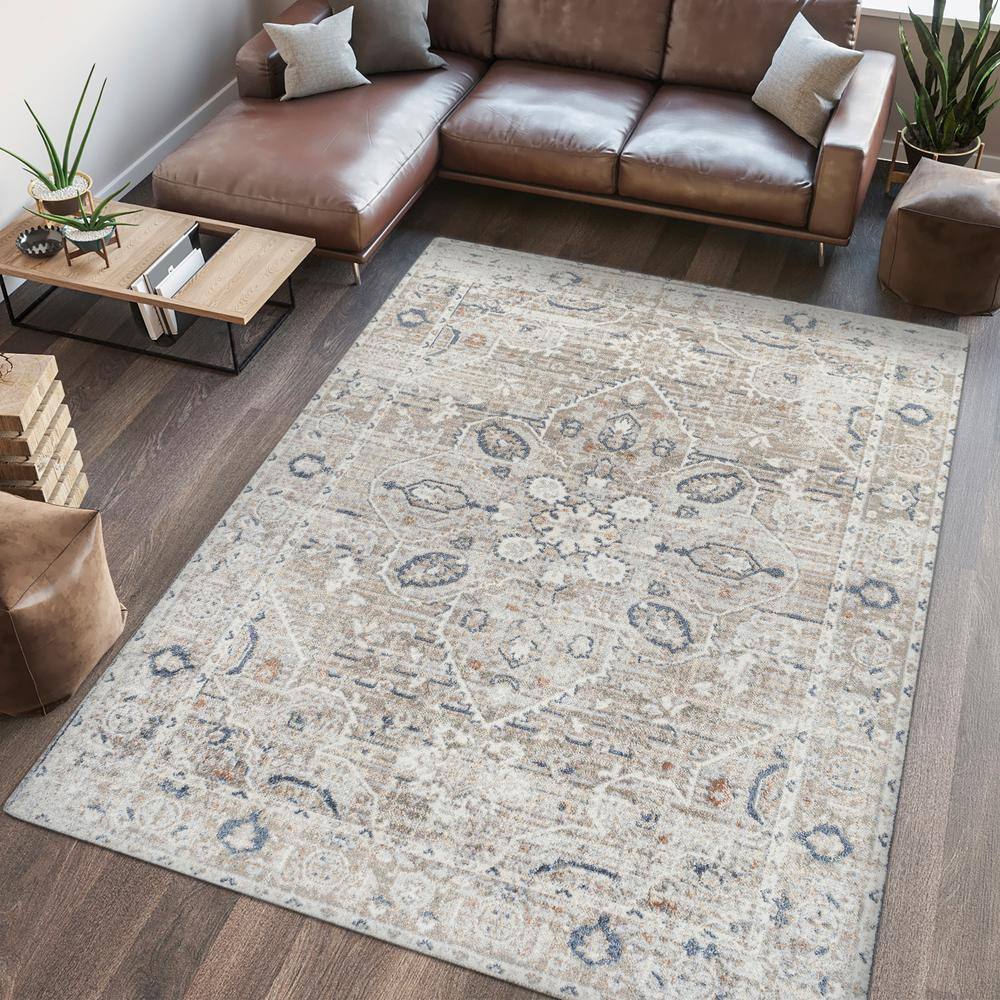 Light Gray and Brown Medallion Washable Synthetic Area Rug 4' x 6'
