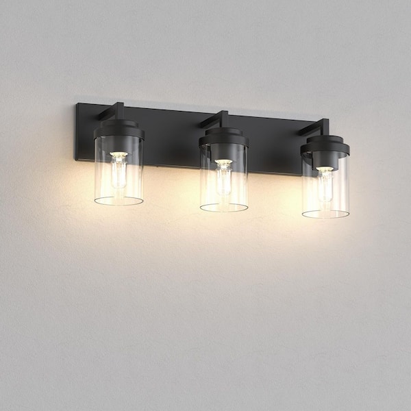 21 in. 3-Light Black Industrial Vanity Light, Modern Bathroom Wall Sconce with Clear Glass Shade for Mirror or Dressing