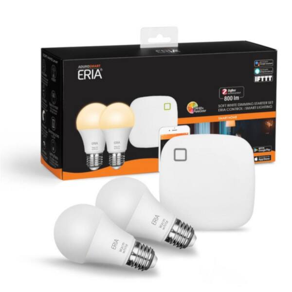 AduroSmart ERIA Soft White Smart Light 60W Equivalent A19 Dimmable CRI 90+ Wireless Lighting Starter Kit (2 Smart Bulbs and Hub)