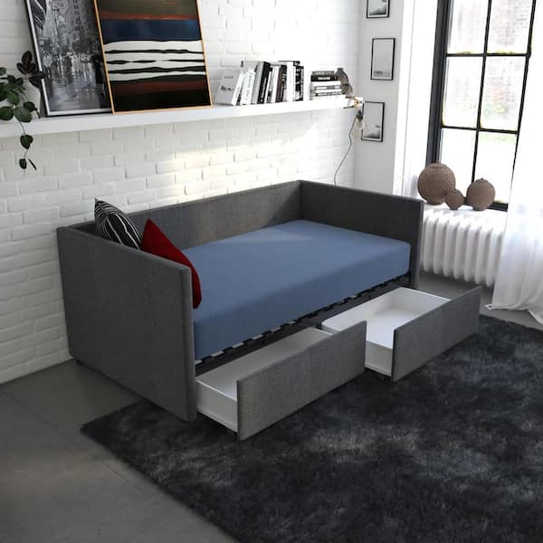 Mya Upholstered Twin Size Daybed with Storage in Gray Linen