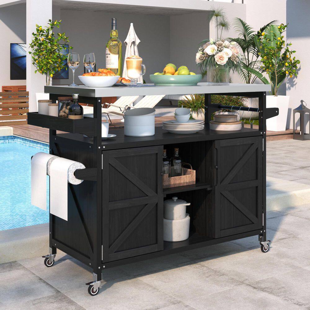 Outdoor Grill Table Cart With Stainless Steel Top - 54.5" Rolling Kitchen Island, Lockable Wheels, Storage Cabinet (Black)