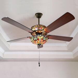 Halston 52 in. Red Tiffany Stained Glass LED Ceiling Fan With Light