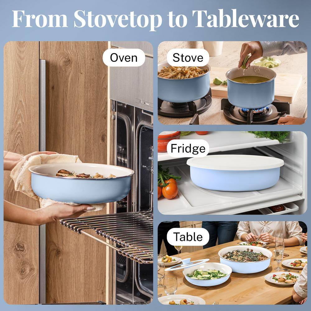 Light Blue Ceramic Nonstick 18-Piece Cookware Set with Detachable Handles
