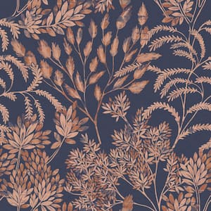 Stencil Foliage Navy and Mauve Non-Pasted Wallpaper, 60 sq. ft.