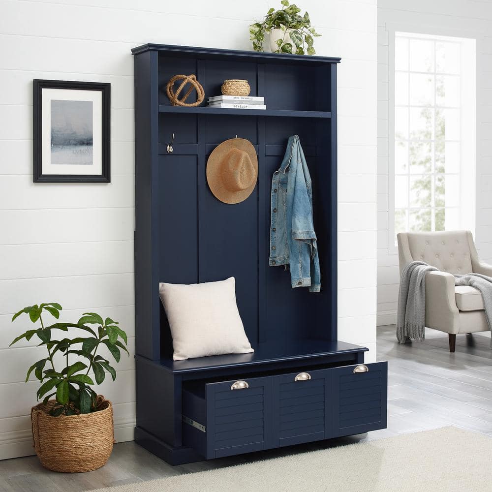 Ellison Hall Tree Navy - Crosley: Bench with Storage, Coat Hooks, Seating Area