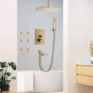 Thermostatic Single-Handle 4-Spray Ceiling Mount Rainfall Shower Faucet with Tub Spout in Brushed Gold (Valve Included)