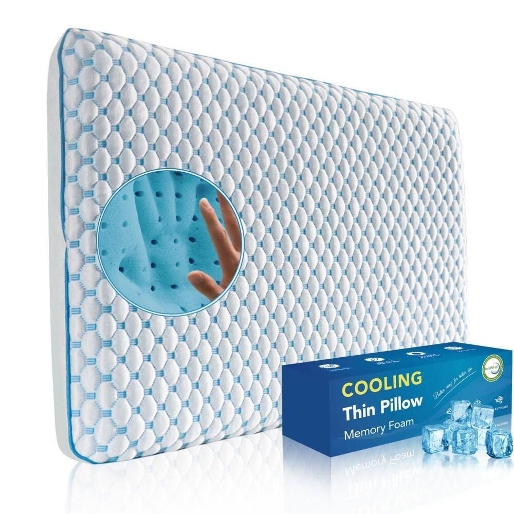 Cooling Gel Ultra Slim Memory Foam Pillow, 1-Piece, Bed Neck Support Pillow, For Stomach & Back Sleepers in Blue & White price history on PriceWatchPro