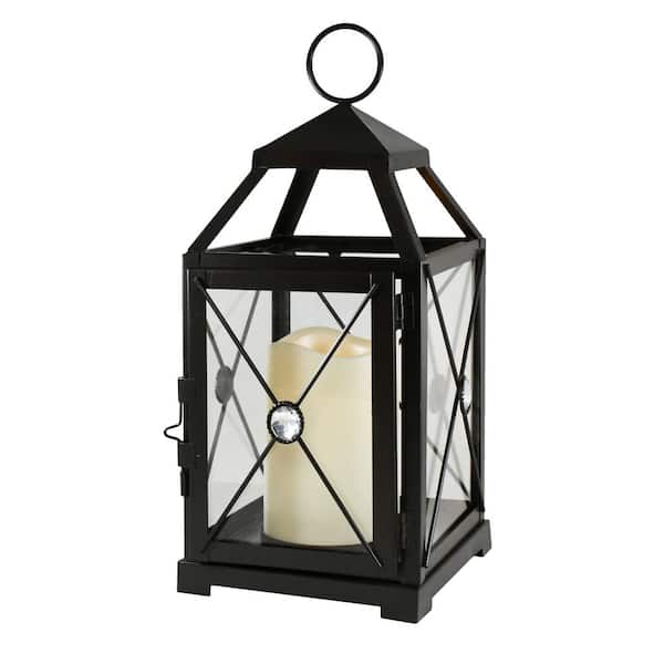 LUMABASE 5.25 in x 12 in. Black Gem Metal Lantern with LED Candle