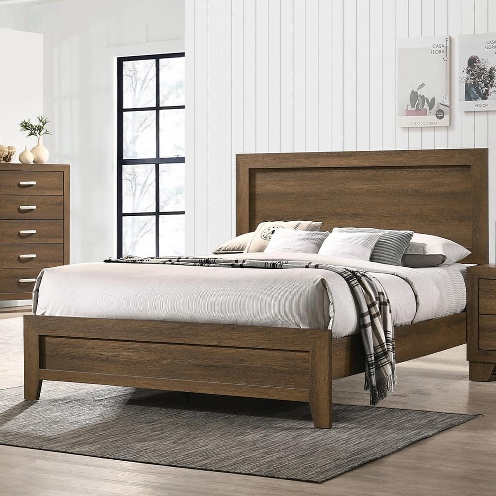 Elegant Oak Queen Bed with Upholstered Headboard and Storage Drawer