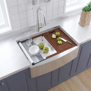 Brushed Chrome Stainless Steel 33 in. Single Bowl Farmhouse Apron Kitchen Sink with Bottom Grid