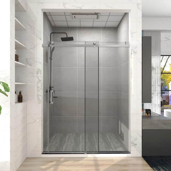 Maincraft 60 in. W x 76 in. H Single Sliding Frameless Corner Shower Enclosure in Brushed Nickel with Clear Glass