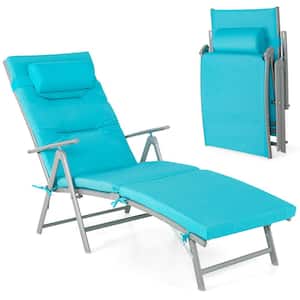 Metal Folding Outdoor Chaise Lounge Chair Recliner with Turquoise Cushion Pillow Adjustable