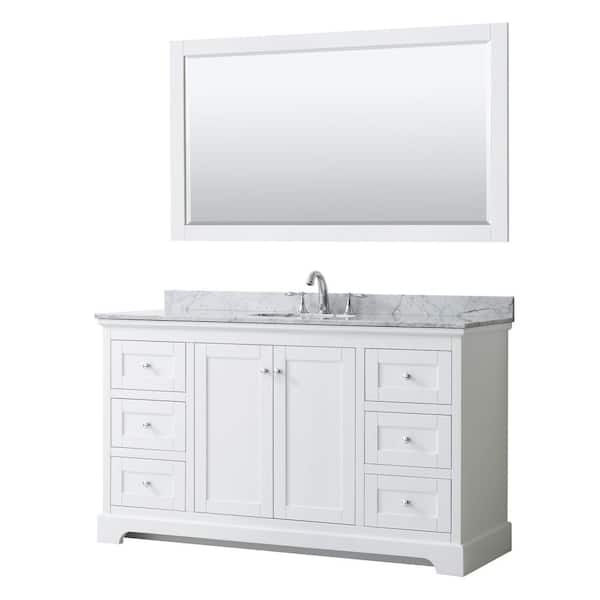 Wyndham Collection Avery 60 in. W x 22 in. D Bath Vanity in White with Marble Vanity Top in White Carrara with White Basin and Mirror