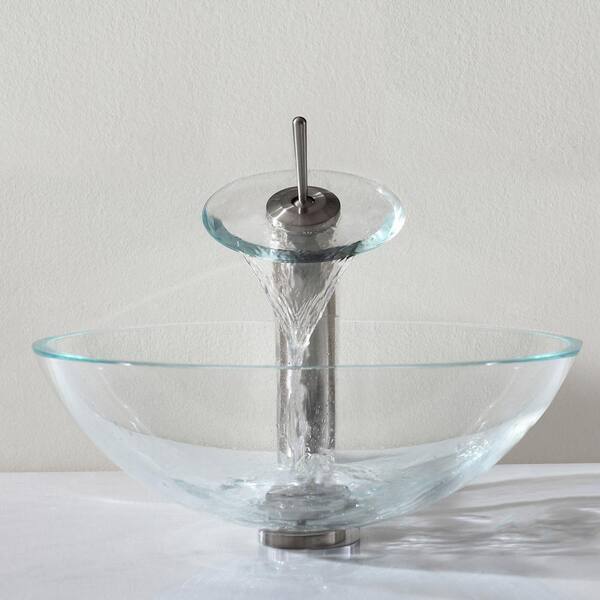 KRAUS Mercury Glass Vessel Sink In Red/Gold With Waterfall Faucet In Satin Nickel