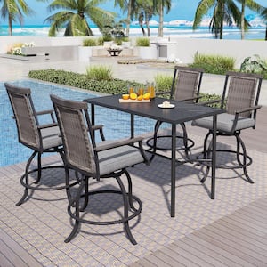 5-Piece Metal Bar Height Outdoor Bistro Set with Black Rectangle Metal Table and Rattan Bistro Chairs with Gray Cushion