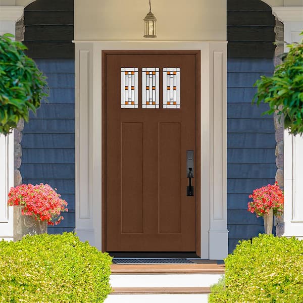 Regency 36 in. x 80 in. 3-Lite Amberton Decorative Glass LHIS Chestnut Stain Fir Grain Fiberglass Prehung Front Door