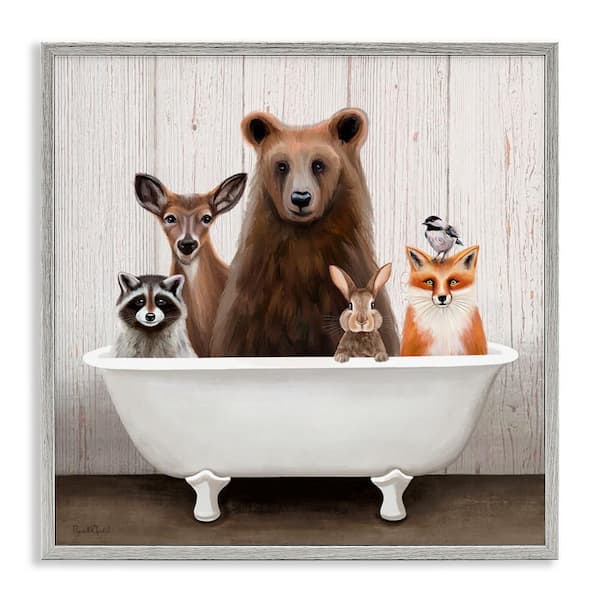 Stupell Industries Woodland Creatures Antique Bathtub by Elizabeth Tyndall 1-Piece Gray Framed Animal Giclee Art Print 24 in. x 24 in.