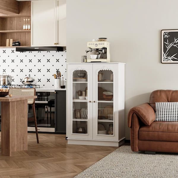 White 47.2 in. H Accent Storage Cabinet, Sideboard with 4-Shelves and 2-Glass Doors