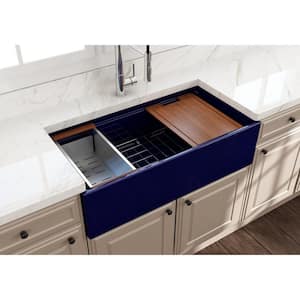 Step-Rim Sapphire Blue Fireclay 36 in. Single Bowl Farmhouse Apron Front Workstation Kitchen Sink with Accessories