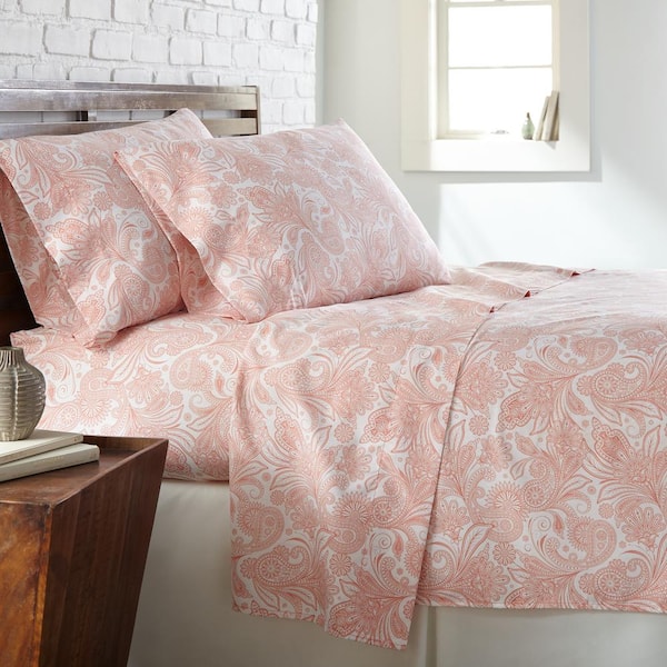 Southshore Fine Linens Perfect Paisley 4-Piece Coral Paisley on White Microfiber Queen Deep Pocket Sheet Set