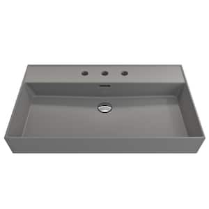 Milano Wall-Mounted Matte Gray Fireclay Rectangular Bathroom Sink 32 in. 3-Hole with Overflow