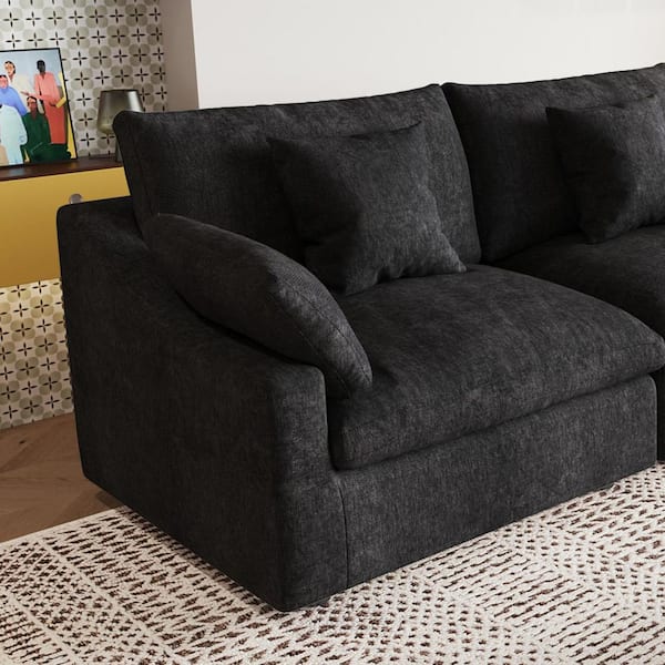 Modern 41 in. Flared Arm Linen Upholstered Cloud Couch Sectional 1-Seat Down Filled Sofa in Black (R Side Modular)