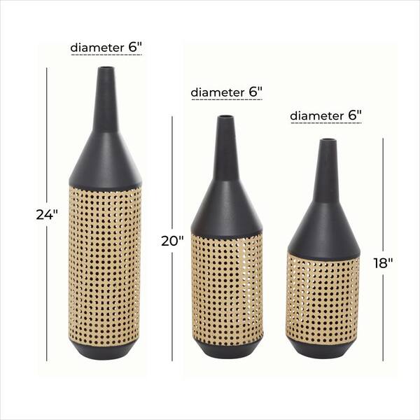 24 in., 20 in., 18 in. Brown Metal Decorative Vase with Cane Detail (Set of 3)