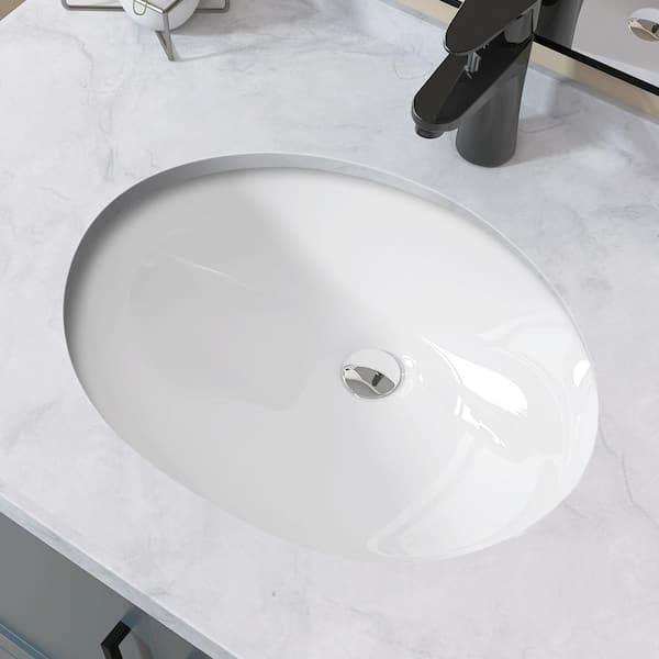 Zeafive 19 in. Undermount Bathroom Sink in White Oval U Shape Ceramic Vessel Sink with Overflow Undercounter Single Basin