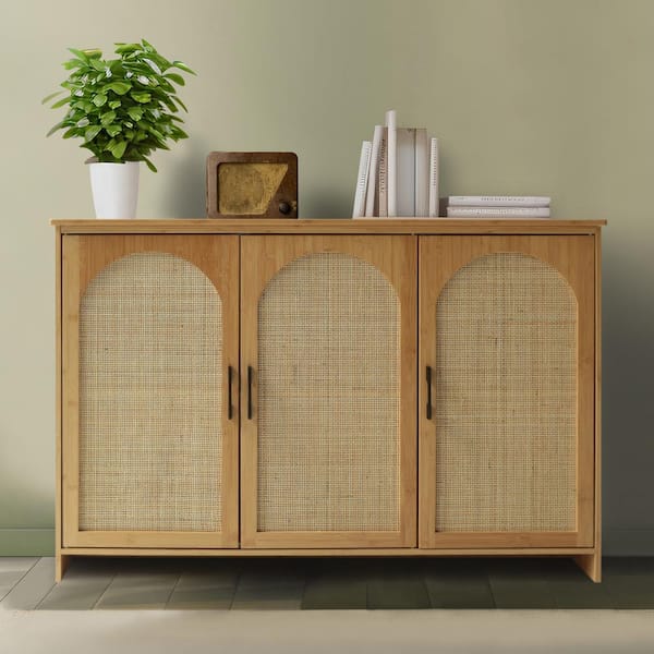 VEIKOUS Yellow Bamboo 47.4 in. W Accent Cabinet Office Storage Cabinet Sideboard with Rattan Doors
