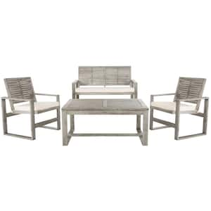 Ozark Grey Wash 4-Piece Wood Patio Conversation Set with Beige Cushions