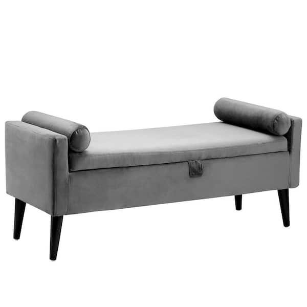 DAZONE Upholstered Flip Top Storage Bench with 2-Round Bolster Pillows Velvet Gray 19.3 in. H x 47 in. W x 17.3 in. D