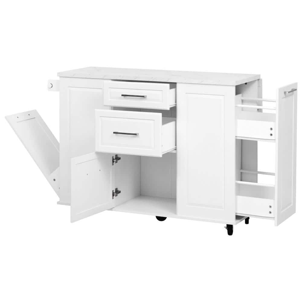 White Wood 50.7 in. Rolling Kitchen Island with Storage Tilt Trash Can Cabinet, Drop Leaf, 2-Drawers and 5-Wheels