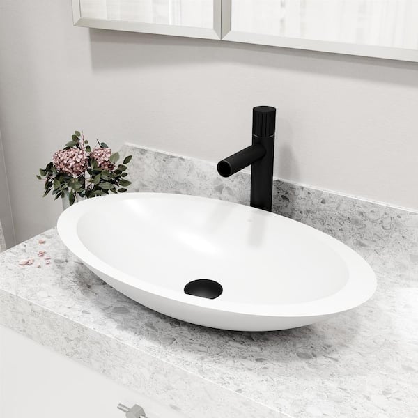 VIGO Matte Stone Wisteria Composite Oval Vessel Bathroom Sink in White with Ashford Faucet and Pop-Up Drain in Matte Black