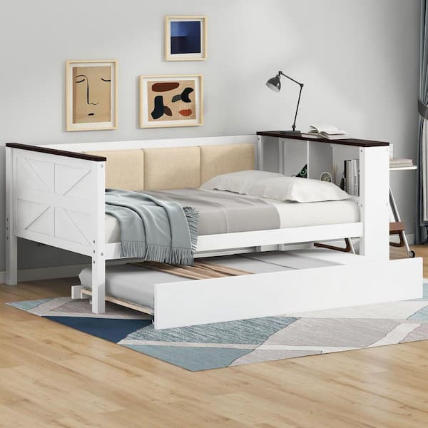 White Twin Size Daybed with Trundle, Upholstered Backrest, USB and Storage Shelves