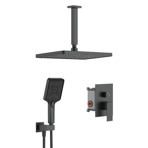 GIVING TREE Single-Handle 4-Spray 14 inch High Pressure Rectangle Ceiling Mount Shower Faucet with Hand Shower in Matte Black