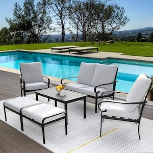 6-piece Patio Conversation Set with Cushions for 4-6 Persons, Metal Loveseat Bench, 2 Chairs, 2 Ottomans and Side Table