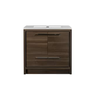 35.43 in. W x 19.69 in. D x 35.4 in. H Bath Vanity in Oak with White Vanity Top with Single White Basin