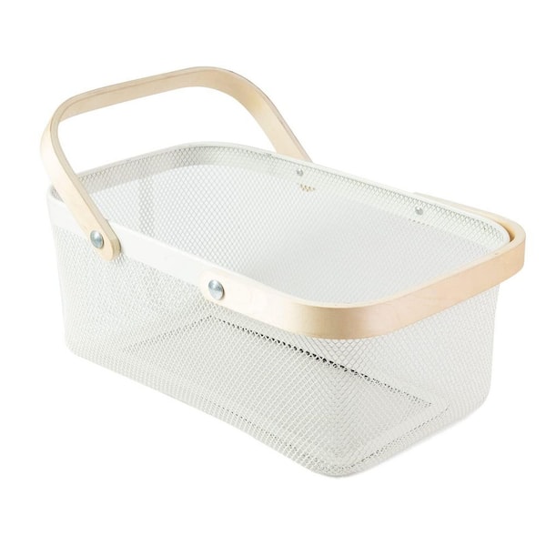 15.7 in. White Portable Metal Mesh Basket with Natural Bamboo Handle, Harvest Basket for Kitchen, Garden, Picnic