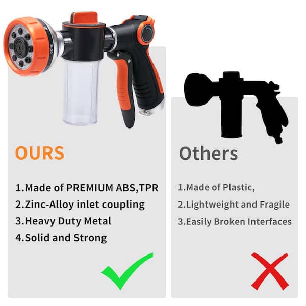 OGETFUUR 8-Pattern Multifunction Heavy-Duty High Pressure Metal Garden Hose Nozzle with Soap Dispenser