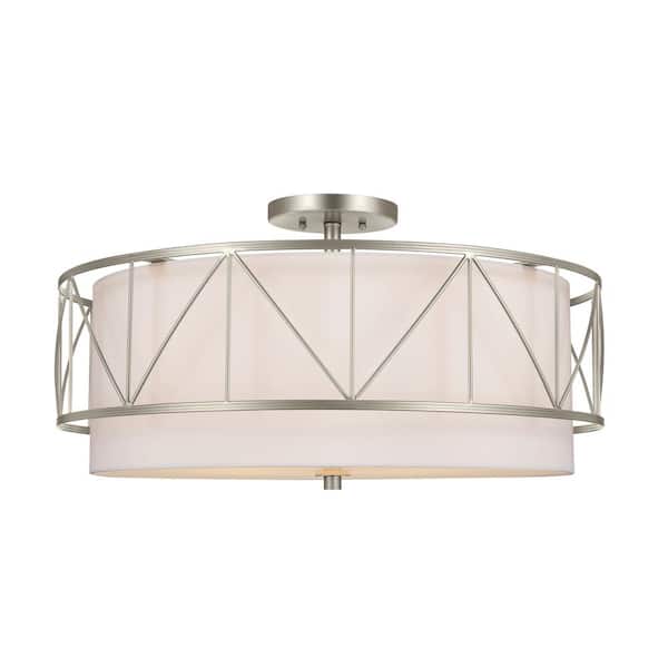 KICHLER Birkleigh 24 in. 4-Light Satin Nickel Hallway Art Deco Semi-Flush Mount Ceiling Light with Satin Etched Glass