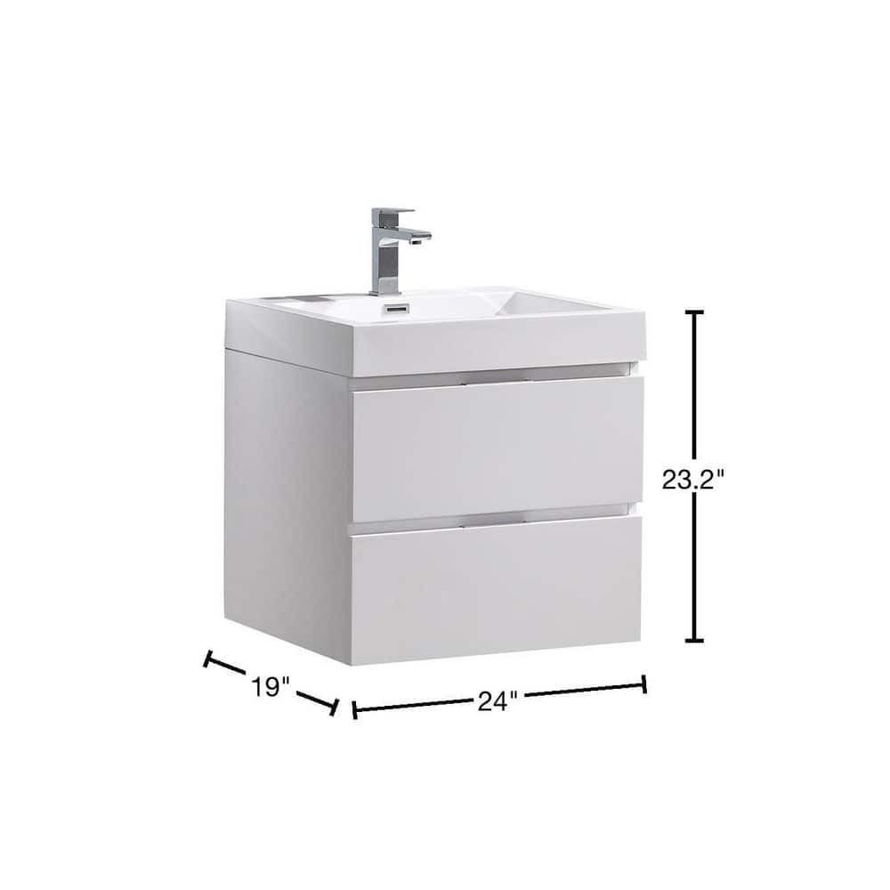 Glossy White 24" Wall-Mount Bathroom Vanity with Acrylic Sink