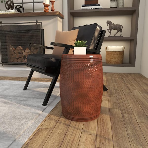 Litton Lane 14 in. Brown Drum Shaped Medium Cylinder Aluminum End Table with Hammered Design