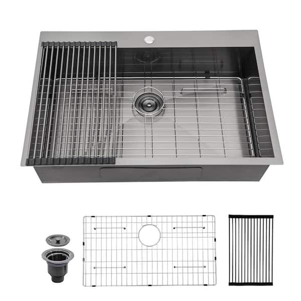 LORDEAR Gunmetal Black 30in. x 22in. Topmount SingleBowl 18-Gauge Stainless Steel Drop-In Workstation Kitchen Sink w/Bottom Grid