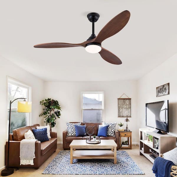 52 in. Dark Walnut Propeller Ceiling Fan with LED Light, Solid Paulownia Wood Blades, Downrod Mount, 3-Color Light