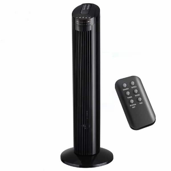 Stylish and Modern 29 in. 3 Fan Speeds Bladeless Tower Fan in Black Top Mounted Remote Low Noise Operating 7. 5 H Timing