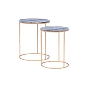 Flavia 18 in. Wide Grey 22 in. High Round Marble Nesting Tables with Gold Frame