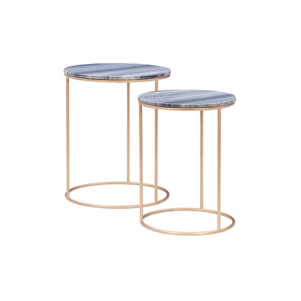 Powell Company Flavia 18 in. Wide Grey 22 in. High Round Marble Nesting Tables with Gold Frame