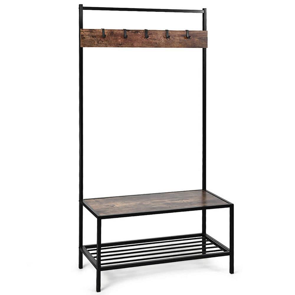 Brown 3-in-1 Multi-Functional Hall Tree with 5 Adjustable Metal Hooks